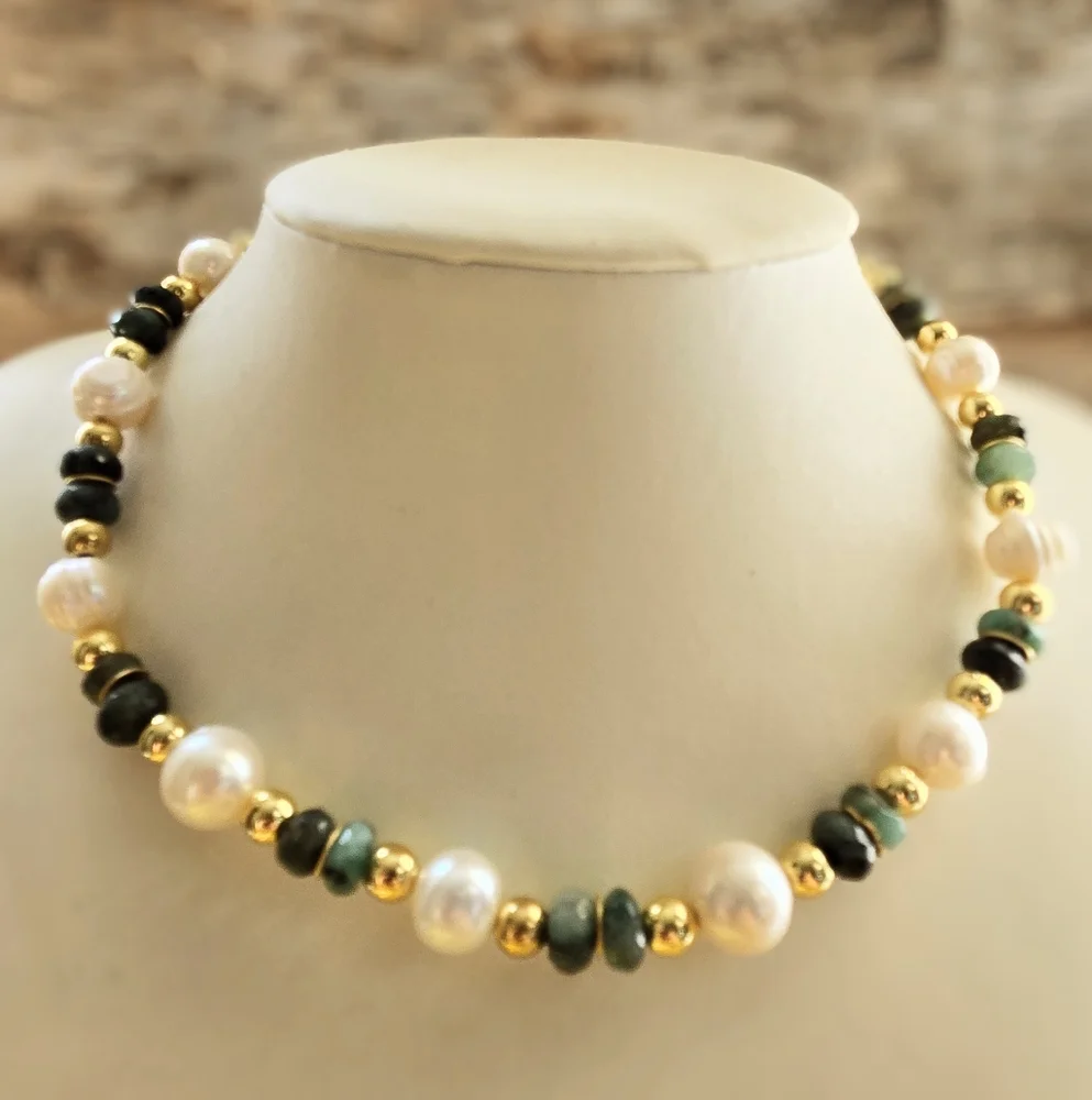 Genuine Emerald And Freshwater Baroque Pearls In Gold Plated Classic Necklace